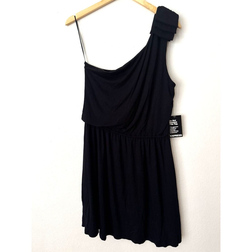 Express Black One Shoulder Dress Womens M Tiered Ruffle Cocktail Party NWT LBD